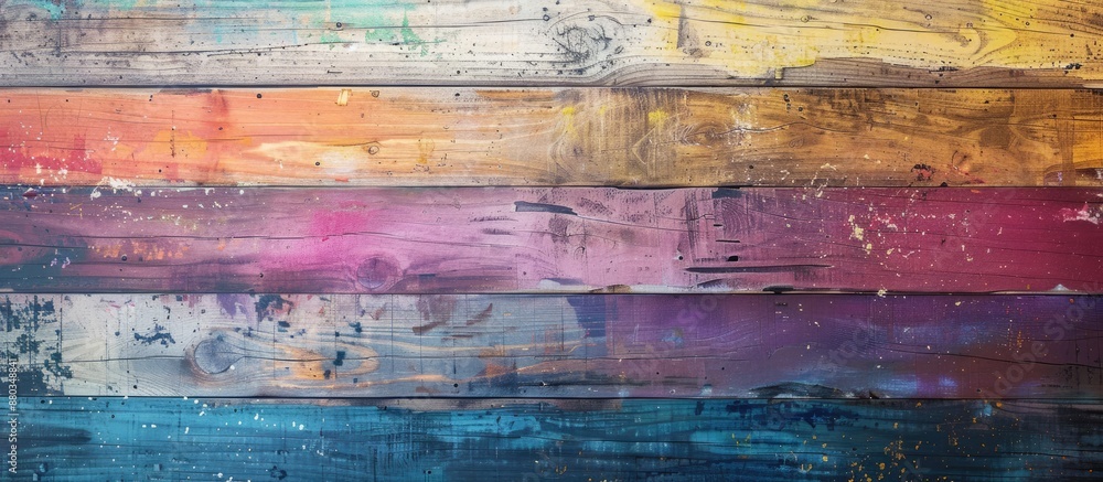 Poster Wooden table with colorful natural textures serves as a blank canvas for designs with a copy space image on the empty board background