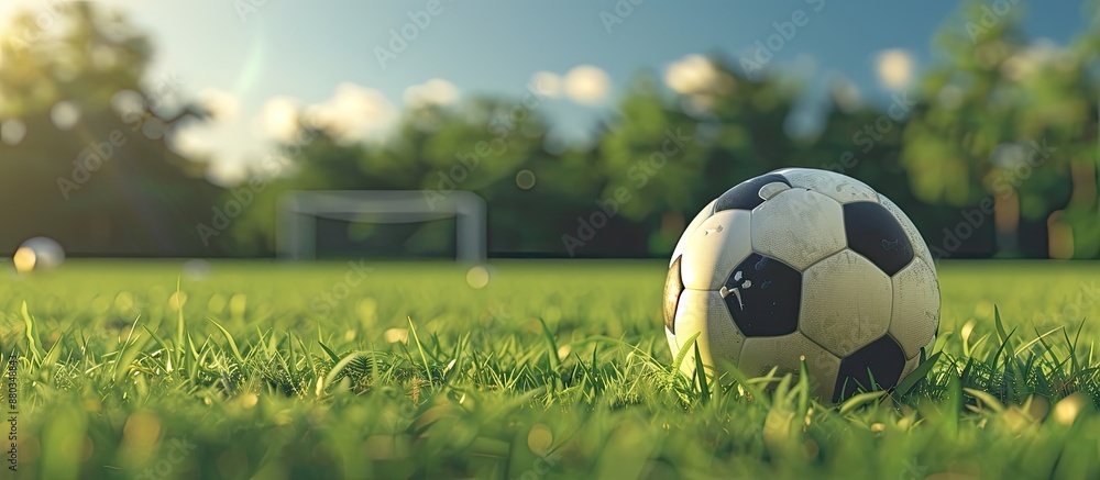 Aufkleber View from the ground of a soccer ball on the grass with a field in the background featuring copy space image