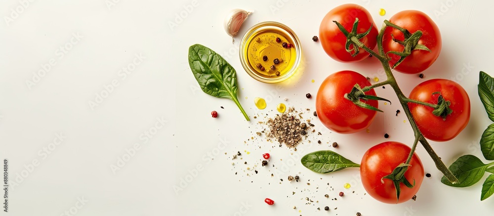 Poster tomatoes spinach and spices with olive oil on a white background with copy space image