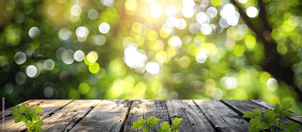 Fototapete green tree bokeh creates an abstract blur background on a wooden table with a copy space image