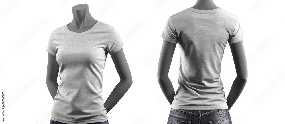 Poster Light gray female t shirt displayed on a white background with both front and back views on an invisible mannequin providing a copy space image