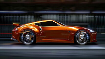 Obraz premium Side view of orange sport car while drive fast on road with background motion blur