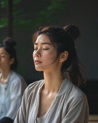 Woman meditating by window