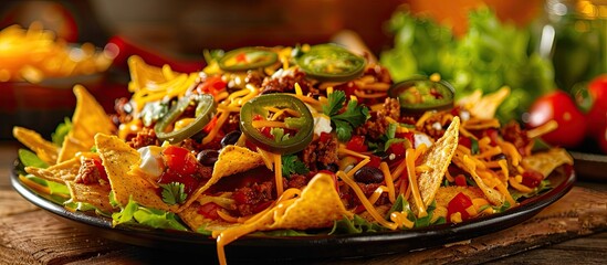 Classic Tex Mex or Mexican restaurant menu item featuring a mix of nachos crispy chips cheddar cheese salsa meat black beans jalapenos guacamole sour cream and lettuce with a variety of toppings pres