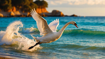 Flying swan in morning light.