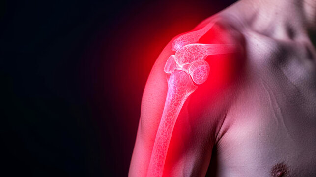 A shoulder with glowing red tendons, showing rotator cuff injury pain, Shoulder pain, physiotherapy concept