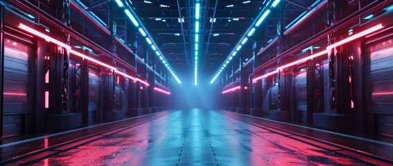 Fototapeta premium Inside the industrial warehouse of the future Neon lights illuminate an advanced storage solution.