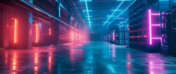 Inside the industrial warehouse of the future Neon lights illuminate an advanced storage solution.