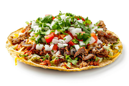 a taco with meat  onions  tomatoes  and cilantro sauce