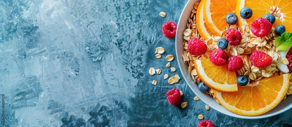 Aufkleber Fresh oranges arranged on top of a bowl of cereals creating a colorful and appetizing display with copy space image