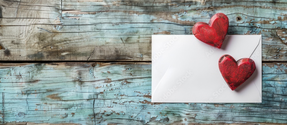 Poster top view of a blank valentine s day greeting card with two red hearts on a wooden surface offering p