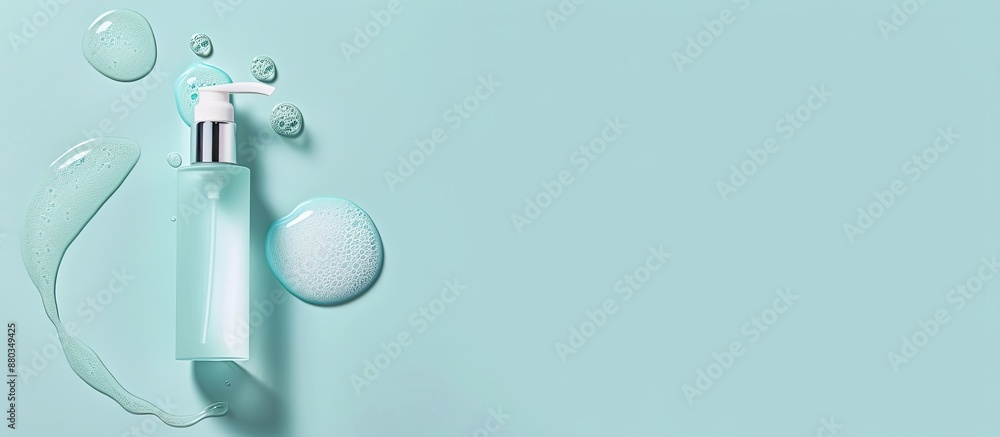 Aufkleber Cosmetic product displayed in a top view copy space image on a light blue background with a sample of cleansing gel perfect for text placement