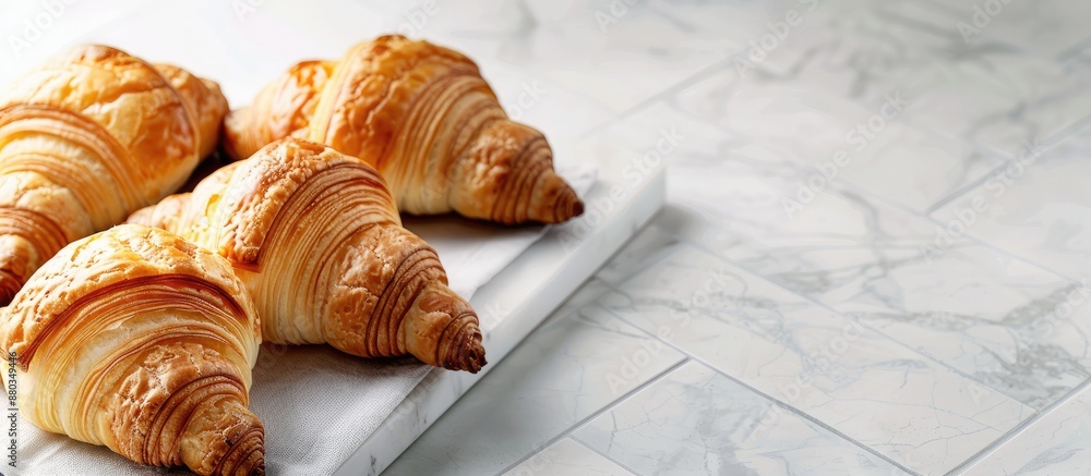 Fototapete Croissants displayed on a white ceramic tiled table with a blank space for text in the background. with copy space image. Place for adding text or design