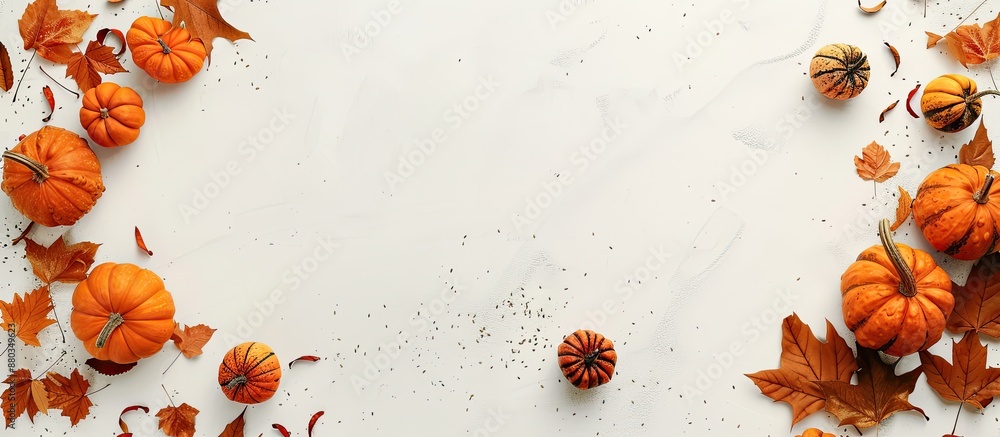 Leinwandbilder Top down view of pumpkins and autumn leaves on a white backdrop with space for text or images ideal for Halloween or Thanksgiving themes. with copy space image. Place for adding text or design
