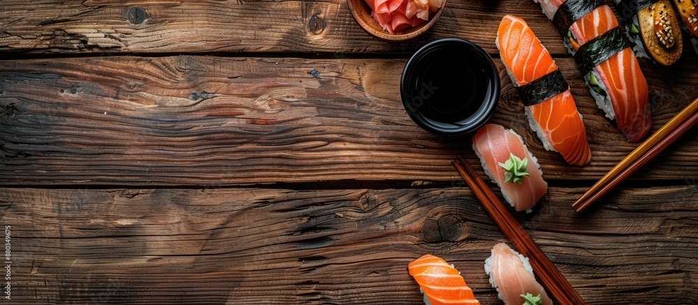 Poster a top down view of sushi presented on a wooden table with ample copy space in the image