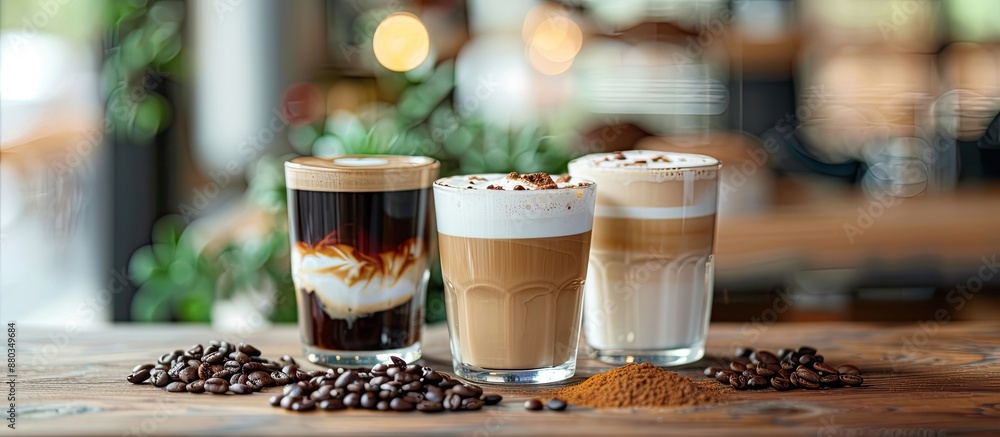 Aufkleber Different varieties of coffee like latte cappuccino and espresso displayed on a wooden table with selective focus for a copy space image