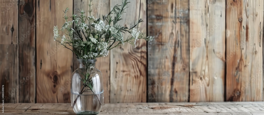 Aufkleber A modern dry herb arrangement in a glass vase on a wooden background in Scandinavian style suitable for art deco or boho aesthetics a great gift idea for various occasions Includes copy space image