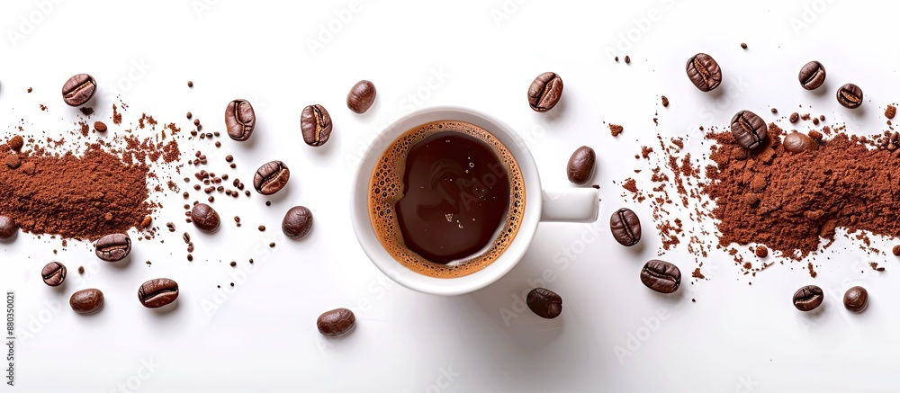 Aufkleber Coffee elements like espresso coffee powder and beans placed around a cup of coffee creating a visually appealing copy space image against a white background