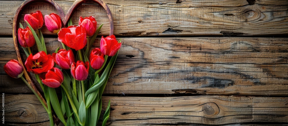 Poster a heart shaped cutout frames red tulips arranged on a vintage wooden table creating a charming scene