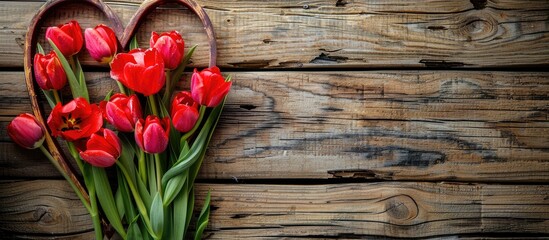 A heart shaped cutout frames red tulips arranged on a vintage wooden table creating a charming scene with copy space image