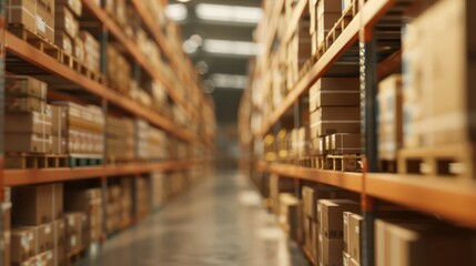 A bustling warehouse filled with shelves of inventory, with workers using technology to manage stock