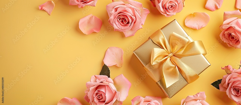 Poster a stunning display of pink roses and a gold gift box with a bow set on a gentle yellow paper backgro