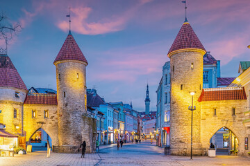 Twin towers of Viru Gate in Old town Tallinn, cityscape of Estonia