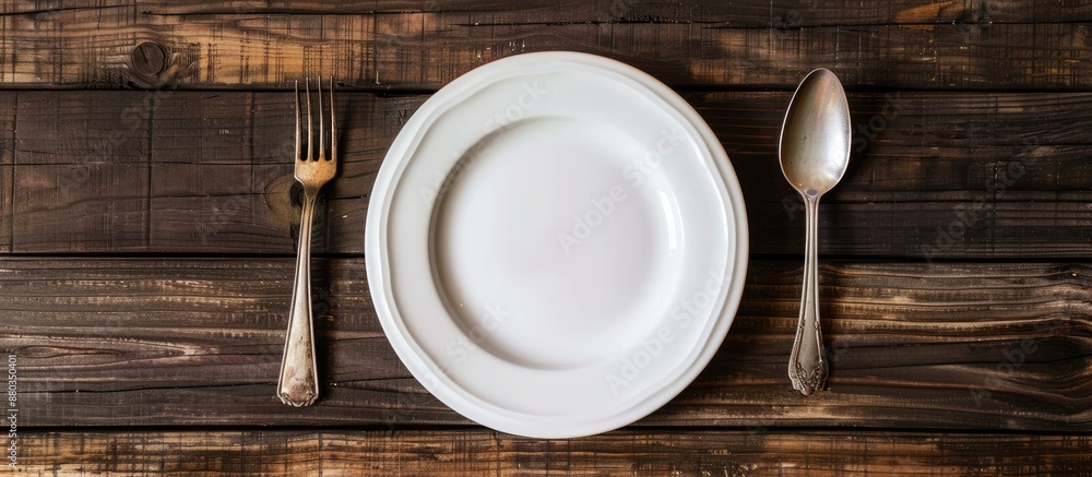 Fototapete top down view of a white plate with a spoon and fork placed on a wooden table to convey a food conce