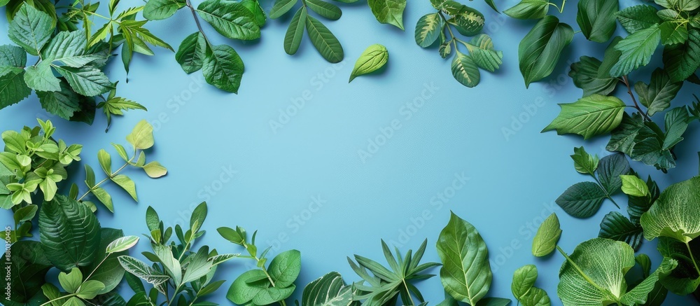 Leinwandbilder spring themed creative frame featuring various types of green leaves set against a blue backdrop wit
