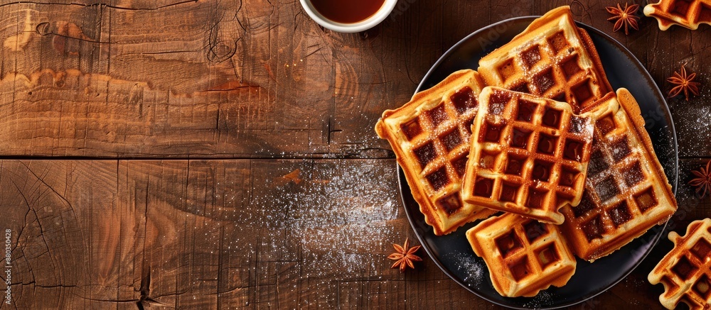 Poster A top view image presenting the menu concept of sumptuous Belgian waffles with a delectable sweet dessert snack creating an inviting background with copy space