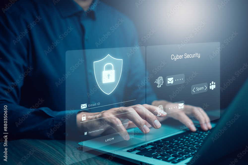 Poster cyber security and security password login online concept hands typing and entering username and pas