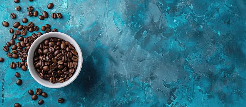 Leinwandbilder Bird s eye view of a white cup with coffee beans on a blue concrete backdrop leaving space for text or other elements in the image. with copy space image. Place for adding text or design