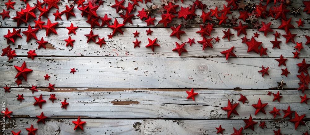 Poster White wooden background adorned with red stars in a festive Christmas frame New year backdrop featuring a spacious copy space image