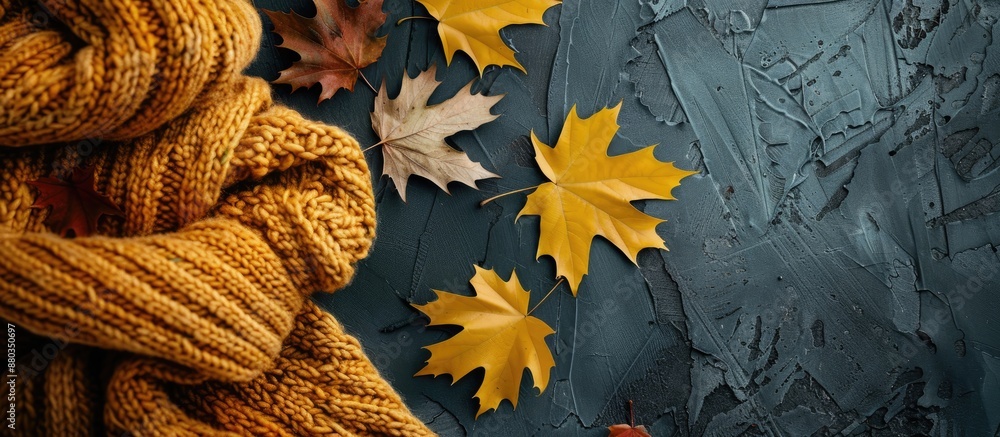 Aufkleber autumn leaves on a dark backdrop with yellow knitting ideal for a copy space image