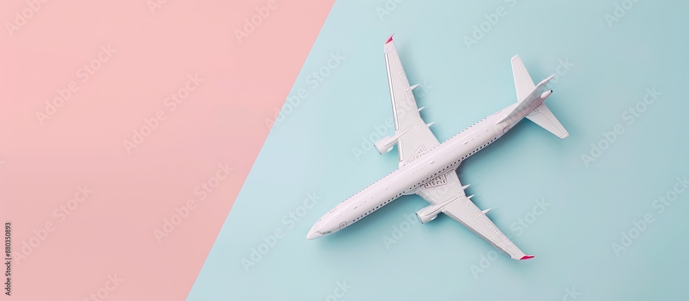 Poster flat lay design featuring a model airplane on a pastel colored background with copy space image