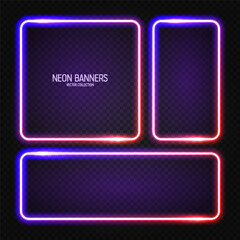 Glowing neon banners, illuminated colorful square frames. Shiny vibrant border, glow effect. Violet vintage retro lights, night illumination. Modern futuristic UI design elements. Vector illustration