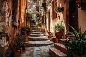Fototapeta premium A charming narrow street in the historic old town of Kotor, featuring traditional architecture and cobblestone pavement, A maze of narrow streets in a Mediterranean town, AI generated