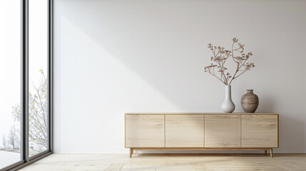 Contemporary living room interiors with an elegant sideboard next to a large window. Interiors designer composition with minimal furniture.
