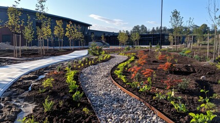 Fototapeta premium A beautifully landscaped garden pathway with lush plants, leading to modern buildings under a clear blue sky.