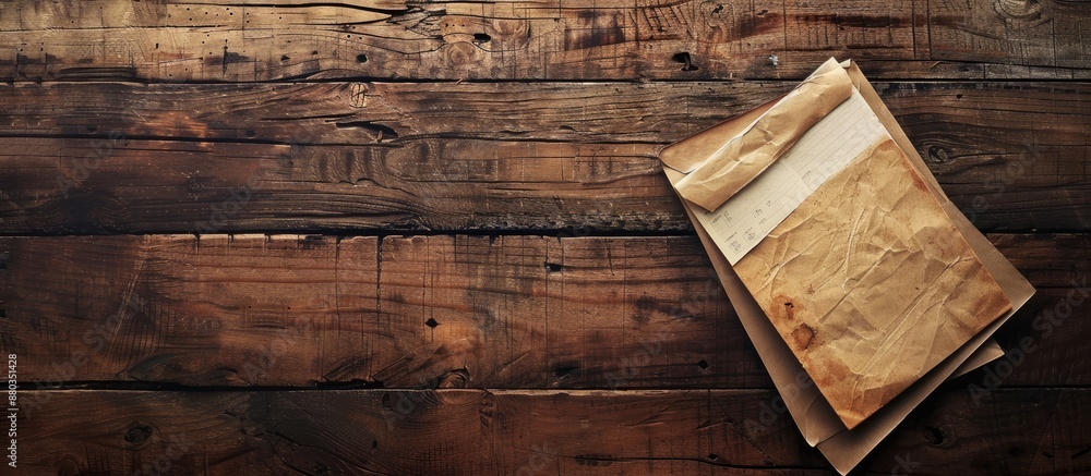 Poster top view of notepaper and mail placed on a wooden surface with a clear area available for additional