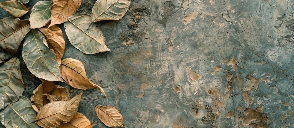 Poster mango leaves dried under the sun rest on a concrete surface creating a textured backdrop in a top vi