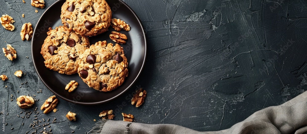 Aufkleber scrumptious oatmeal cookies with chocolate and nuts displayed on a black ceramic plate over a dark c