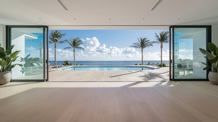 Sprawling view of an empty infinity pool at a luxury resort hotel, with beach and ocean stretching out towards a clear summer sky