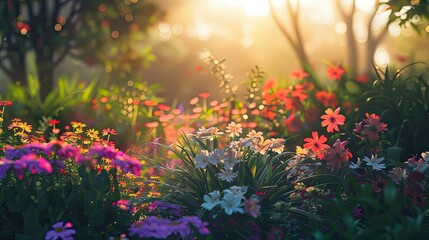 Obraz premium Soft morning light illuminating flower garden