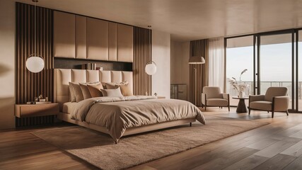 Sunny light streams through a window in a comfortable, contemporary hotel bedroom with a plush bed and minimalist furniture