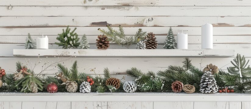 A Christmas themed arrangement on a white wooden table with a background of nature ready for personalization with a copy space image