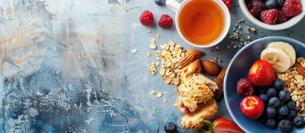 Poster concept of a nutritious breakfast emphasizing good health featuring a close up copy space image
