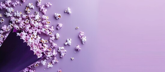 Purple popcorn spilled from violet cardboard box onto a purple background with copy space image isolated