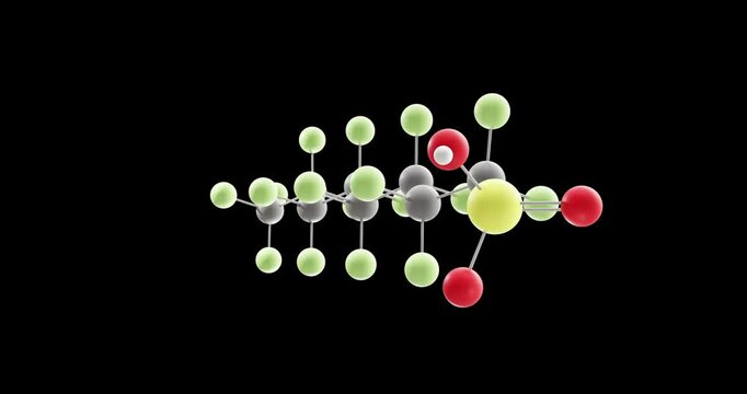 Perfluorooctanesulfonic acid molecule, rotating 3D model of perfluorooctanesulfonate, looped video on a black background