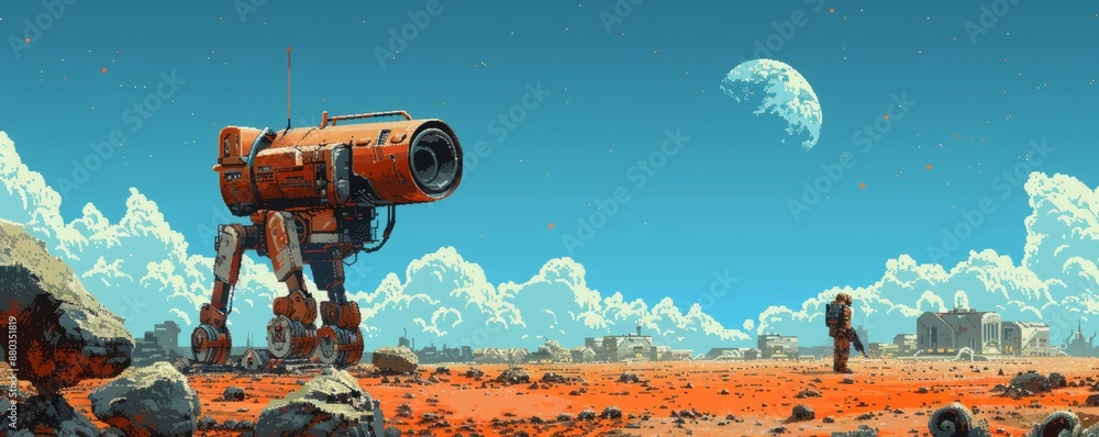 Poster a pixel art rendition of a retro-futuristic robot exploring a desolate planet, its pixelated form co